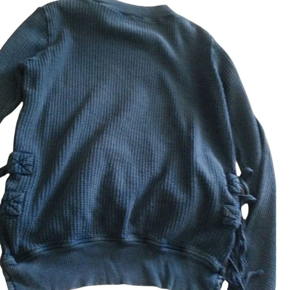 Free People FP One Blue Waffle Knit‎ Tunic Sweater Lace-Up Tie Sides S